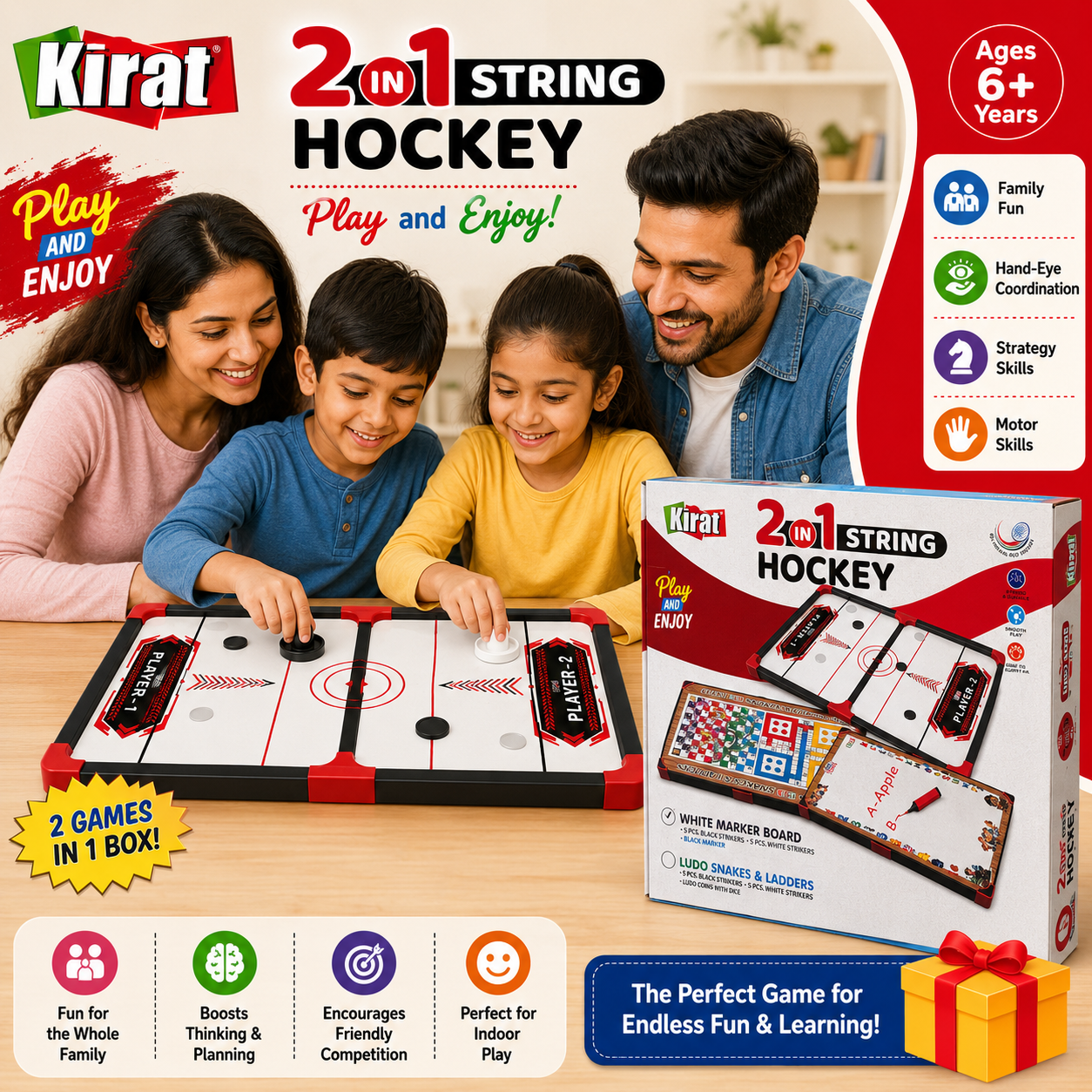 2 in 1 String Hockey & Ludo Snakes and Ladders Game