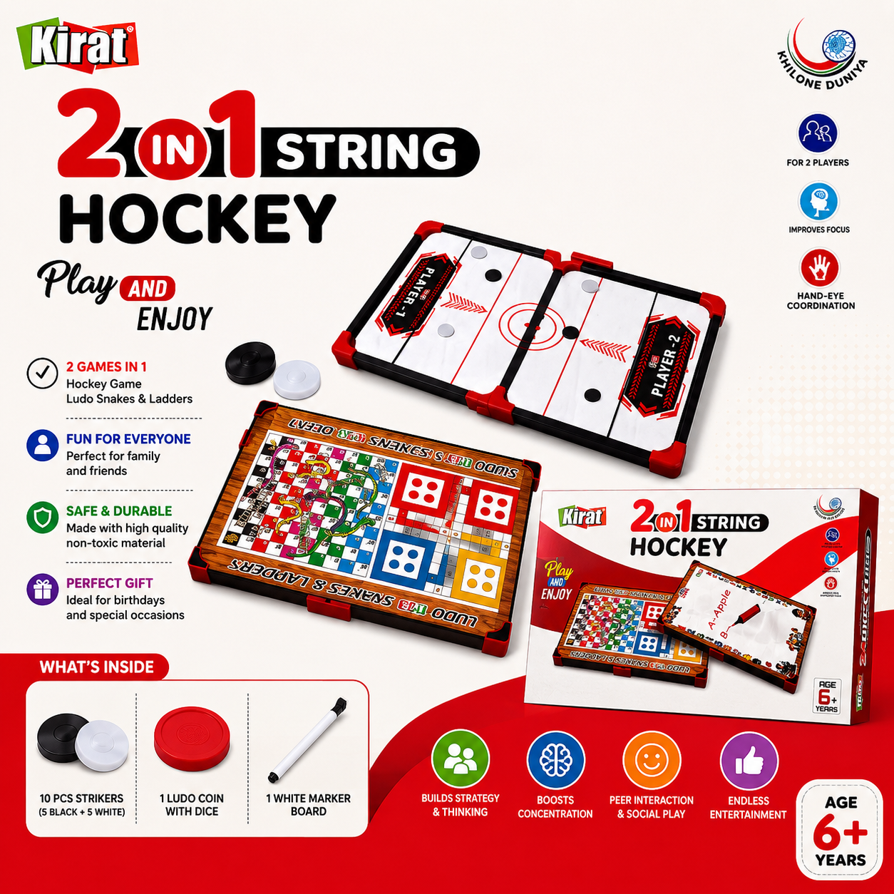 2 in 1 String Hockey & Ludo Snakes and Ladders Game