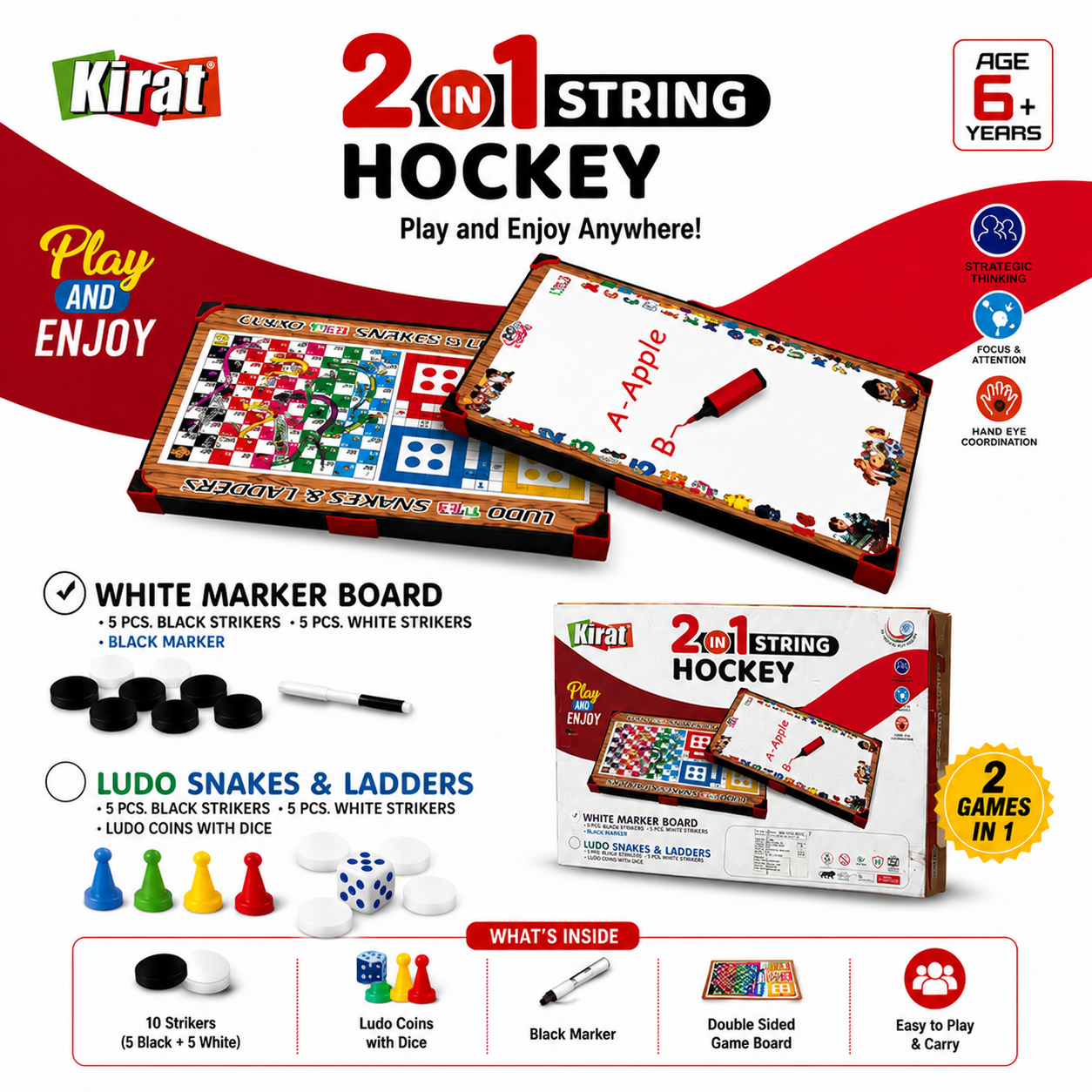 2 in 1 String Hockey & Ludo Snakes and Ladders Game